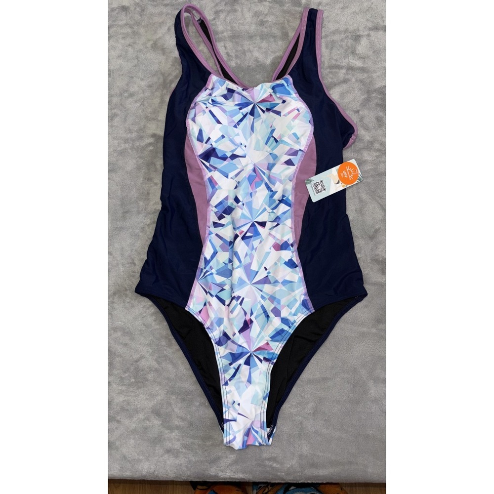 Charmleaks One-Piece Swimsuit Womens Large Blue Geometric Print Built‎ In Bra